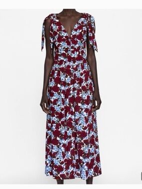Zara basics Red and Blue Floral Midi Dress